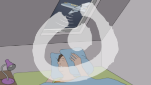Eine Person liegt nachts mit geschlossenen Augen im Bett. Sie drückt sich das Kissen auf die Ohren. Über ihrem Kopf ist ein Fenster. Ein Flugzeug fliegt draußen vorbei. Unter dem Flugzeug sind Schallwellen.