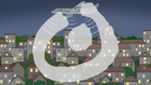Ein Flugzeug fliegt bei Nacht über eine Stadt. Unter dem Flugzeug sind Schallwellen. In vielen Häsuern brennt Licht.